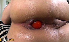 Asian Tgirl Uses Tomatoe In Her Ass