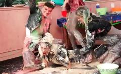 Fancy Lesbos Fighting With Messy Cream At An Orgy