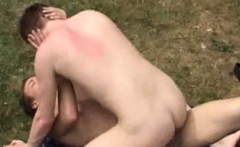 Dickblowing twink barebacked for cum outdoors