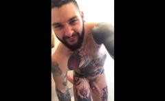 Tatted Hunk Fucks Dildo In Shower Until He Cums