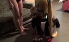 Amazing blonde enjoys fetish BDSM games with a dildo